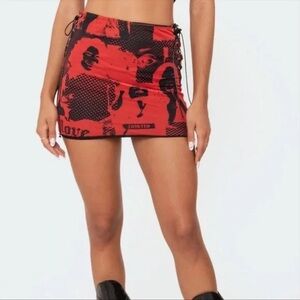 Edikted Red Black Ruched Pencil Mini Skirt